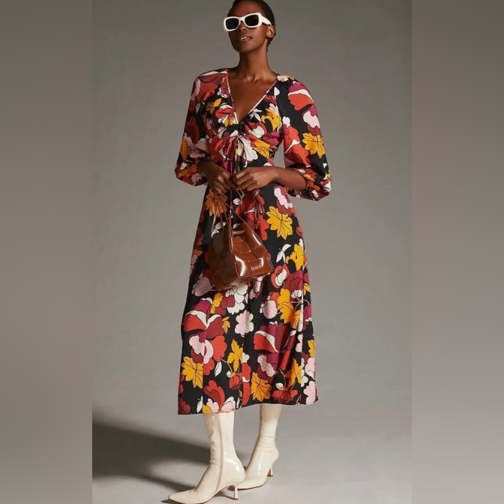 Anthropologie Maeve Deep-V Ruched Midi Dress, Size 10P Floral